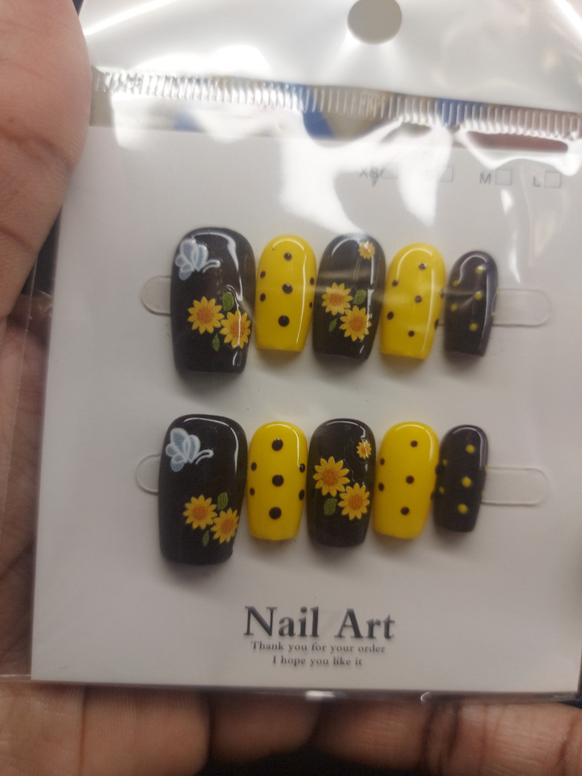 Sunflower & Polka Dot Black Yellow Press-On Nails | XS