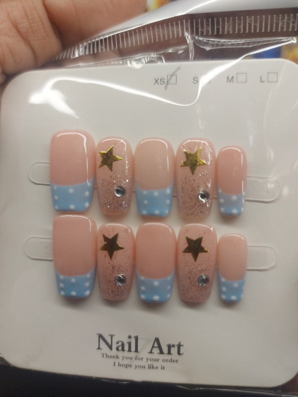 Baby Blue Polka Dot & Gold Star Press-On Nails | XS