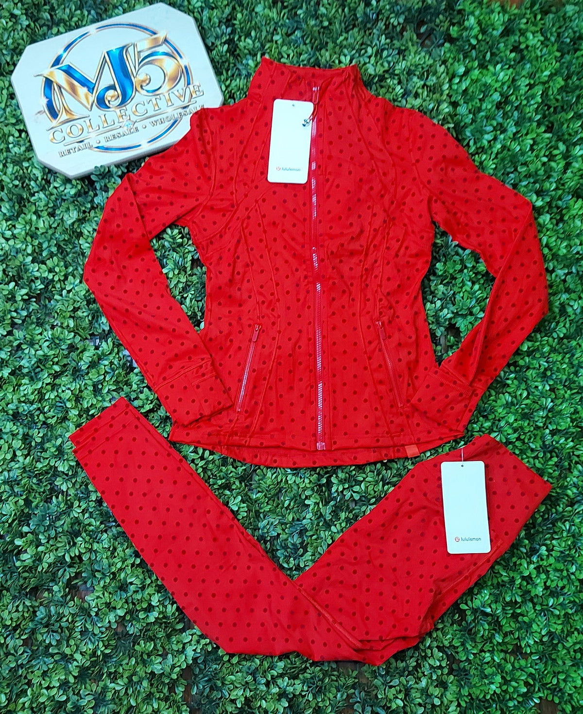 Red polka dot jacket and matching leggings set, original product photo