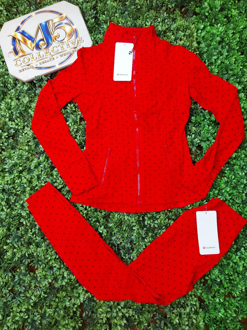 Red polka dot jacket and matching leggings set, original product photo