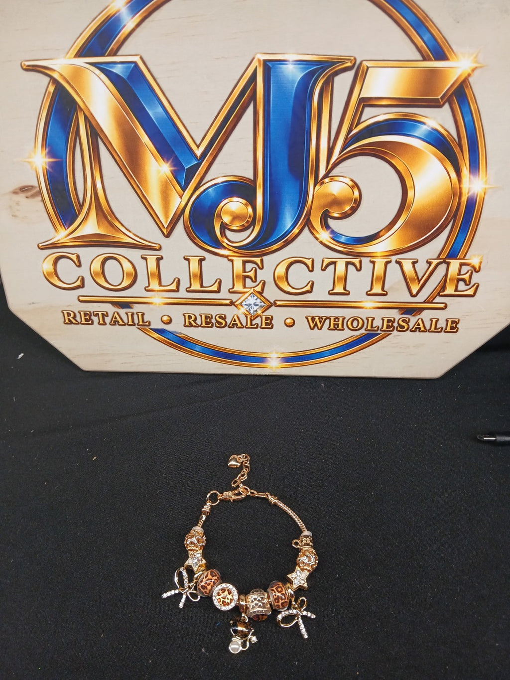 Golden Leopard Kitty Charm Bracelet full view with MJ5 Collective branding