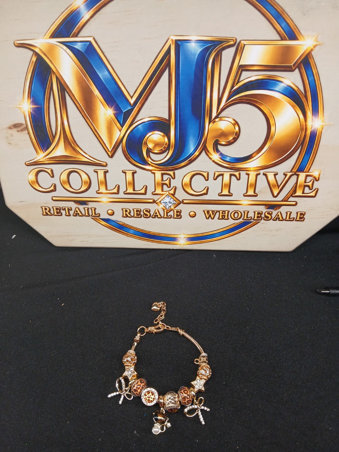 Golden Leopard Kitty Charm Bracelet full view with MJ5 Collective branding