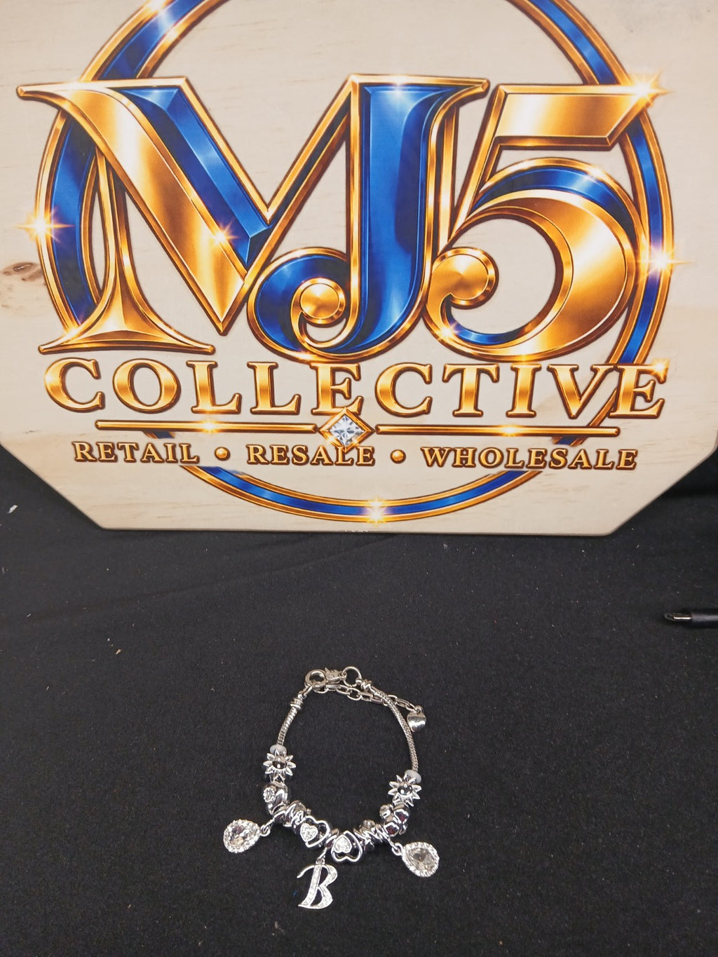 Silver Initial B Sparkle Charm Bracelet full view with MJ5 Collective branding