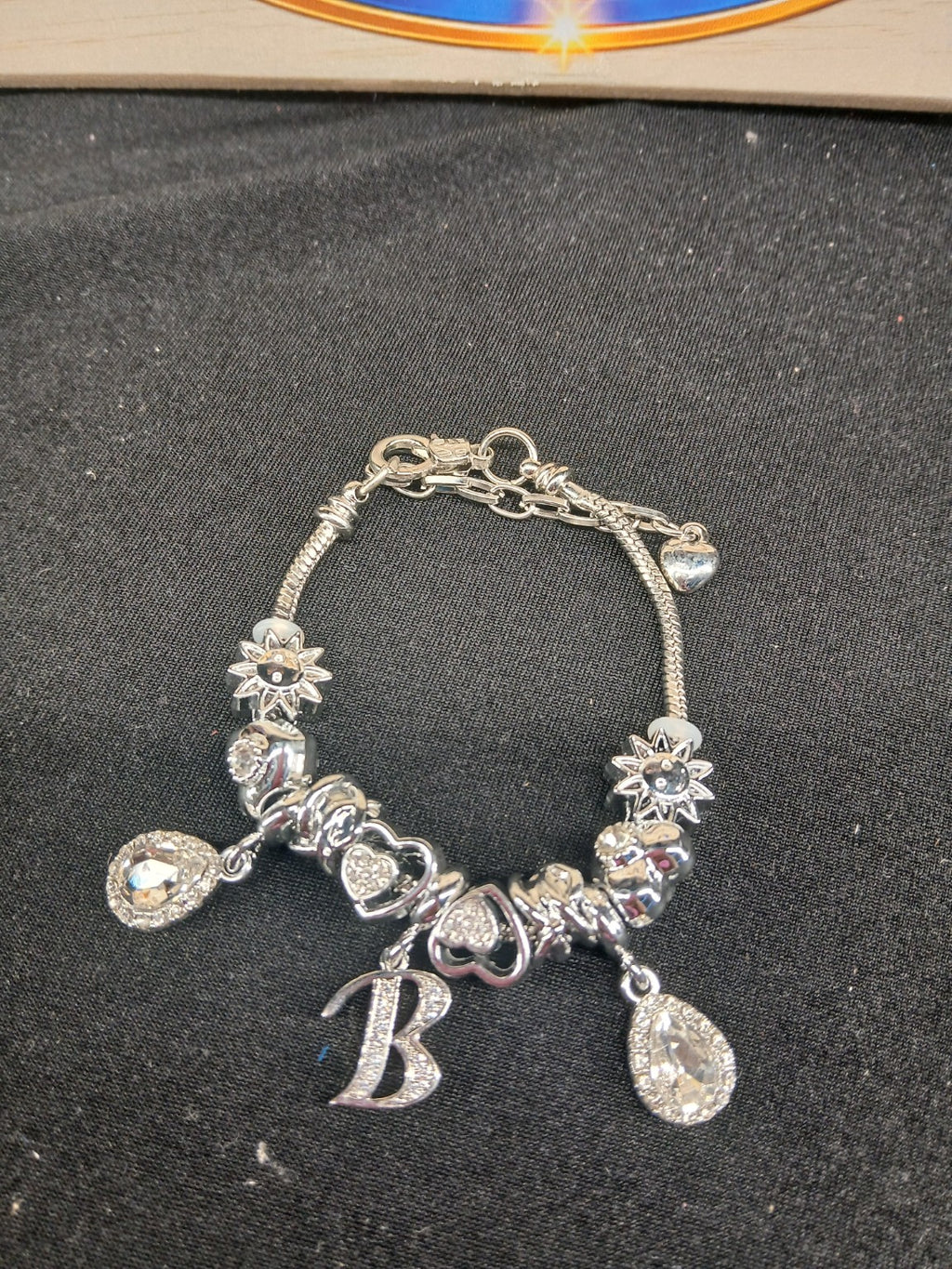 Silver Initial B Sparkle Charm Bracelet close-up with letter B and crystal-style charms