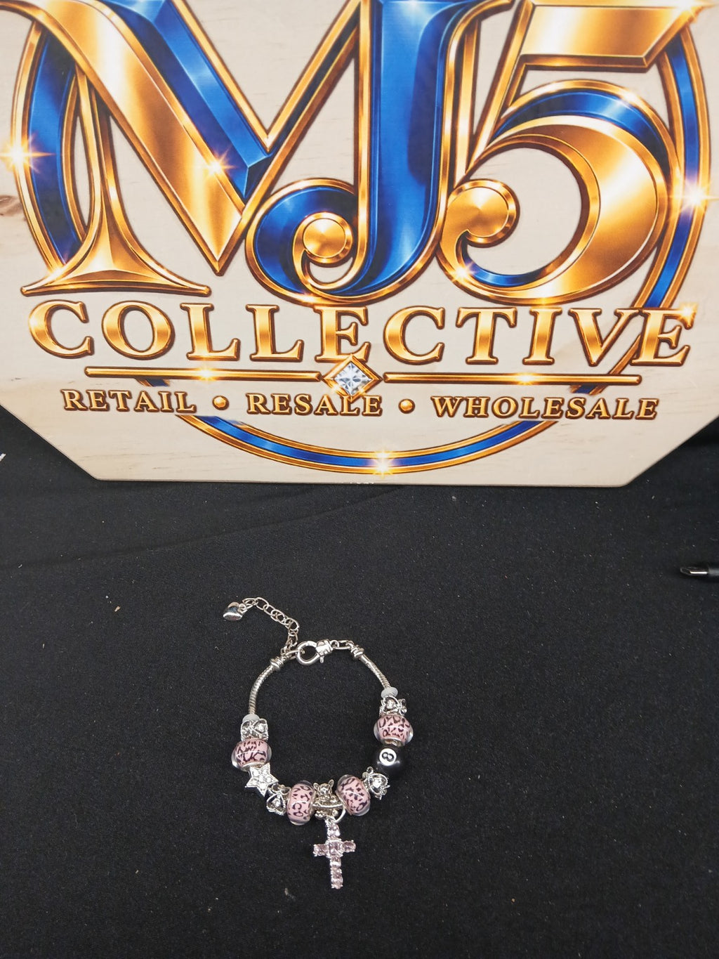 Pink Leopard Faith Charm Bracelet full display with MJ5 branding