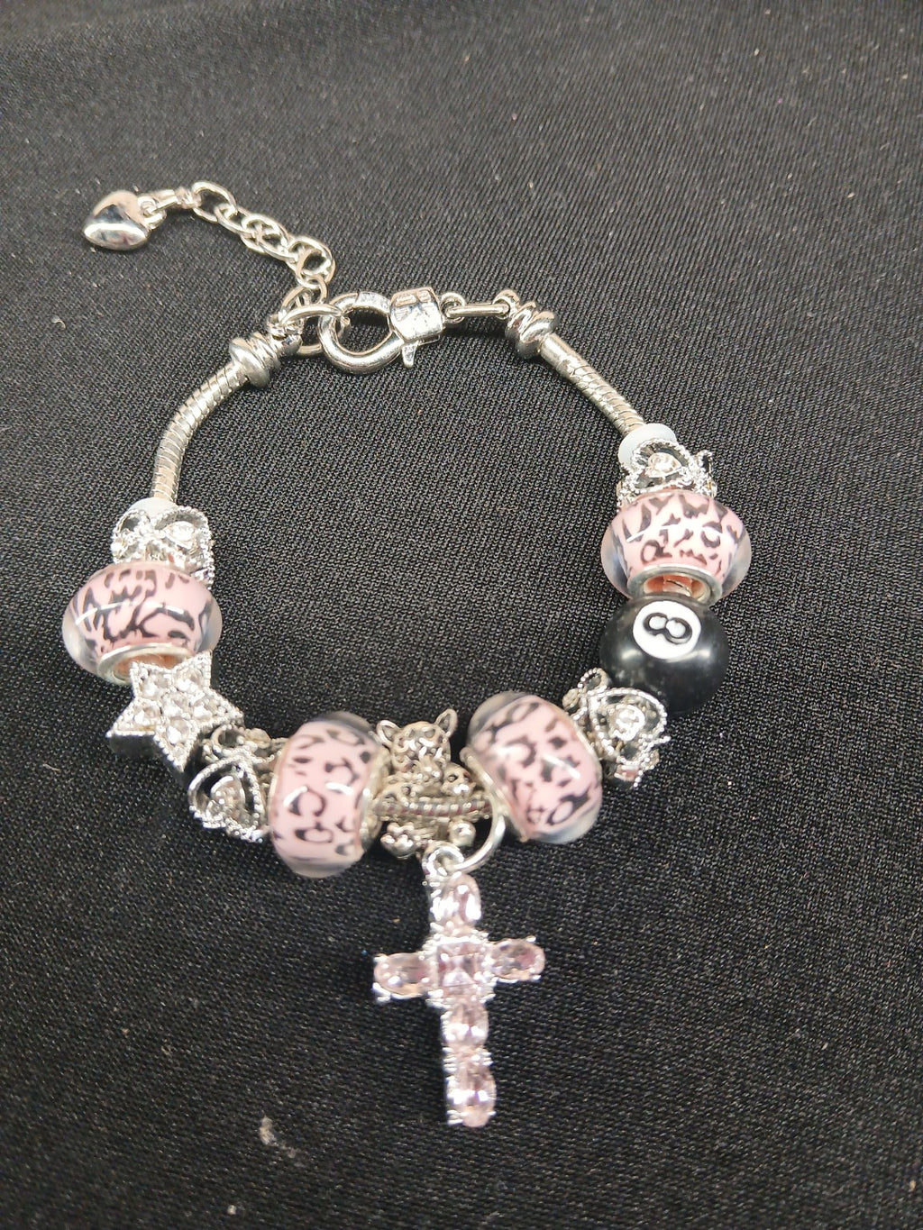 Pink Leopard Faith Charm Bracelet close-up with leopard beads and pink cross
