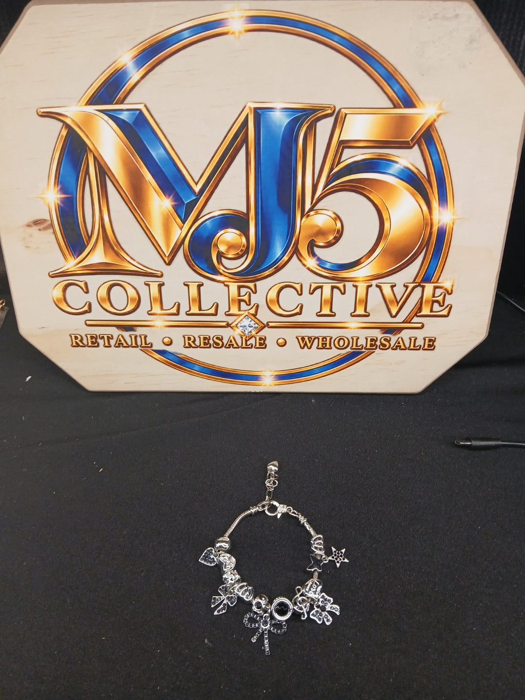 Midnight Bow Sparkle Charm Bracelet full view with MJ5 Collective branding