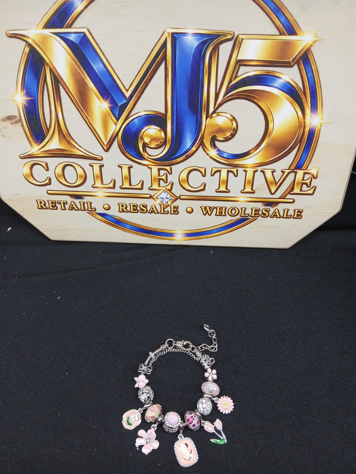 Pink Floral Silver Garden Charm Bracelet full display with MJ5 Collective branding