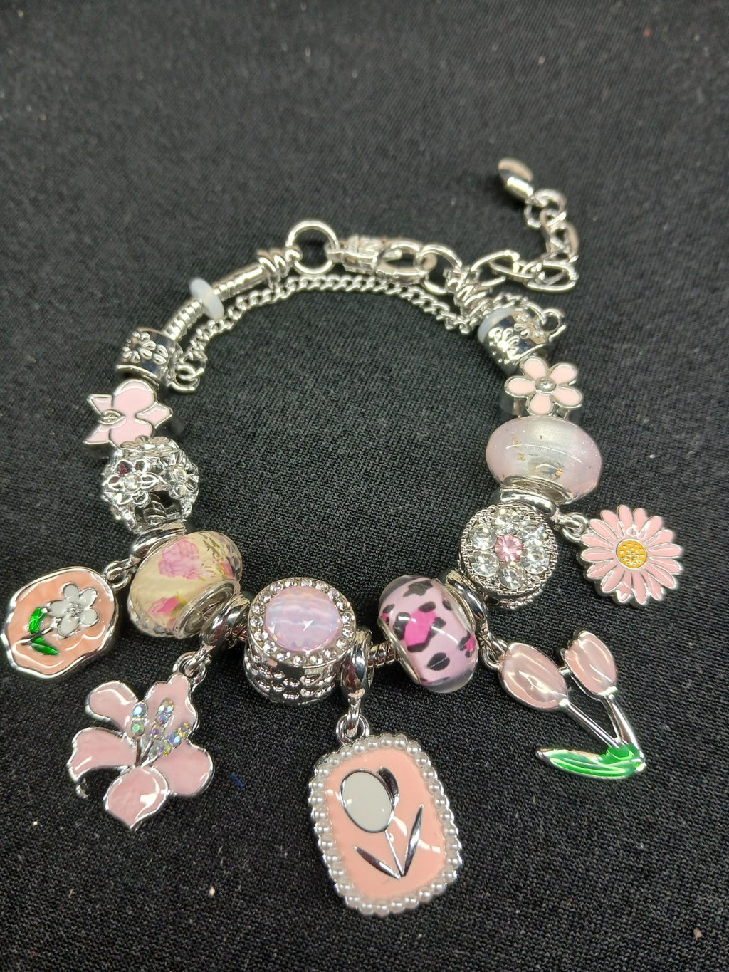 Pink Floral Silver Garden Charm Bracelet close-up with blossoms and tulips