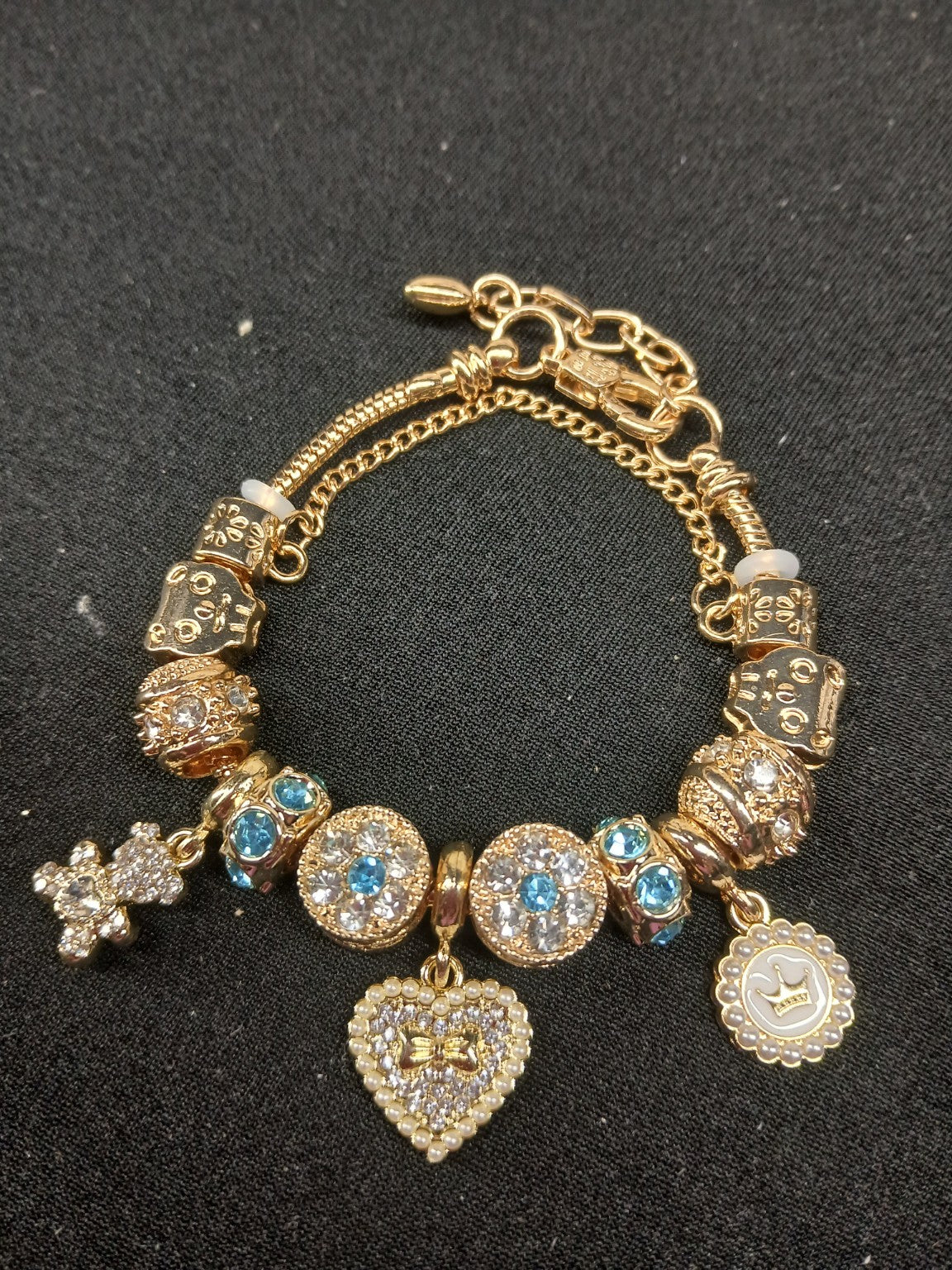 Golden Aqua Heart Charm Bracelet close-up