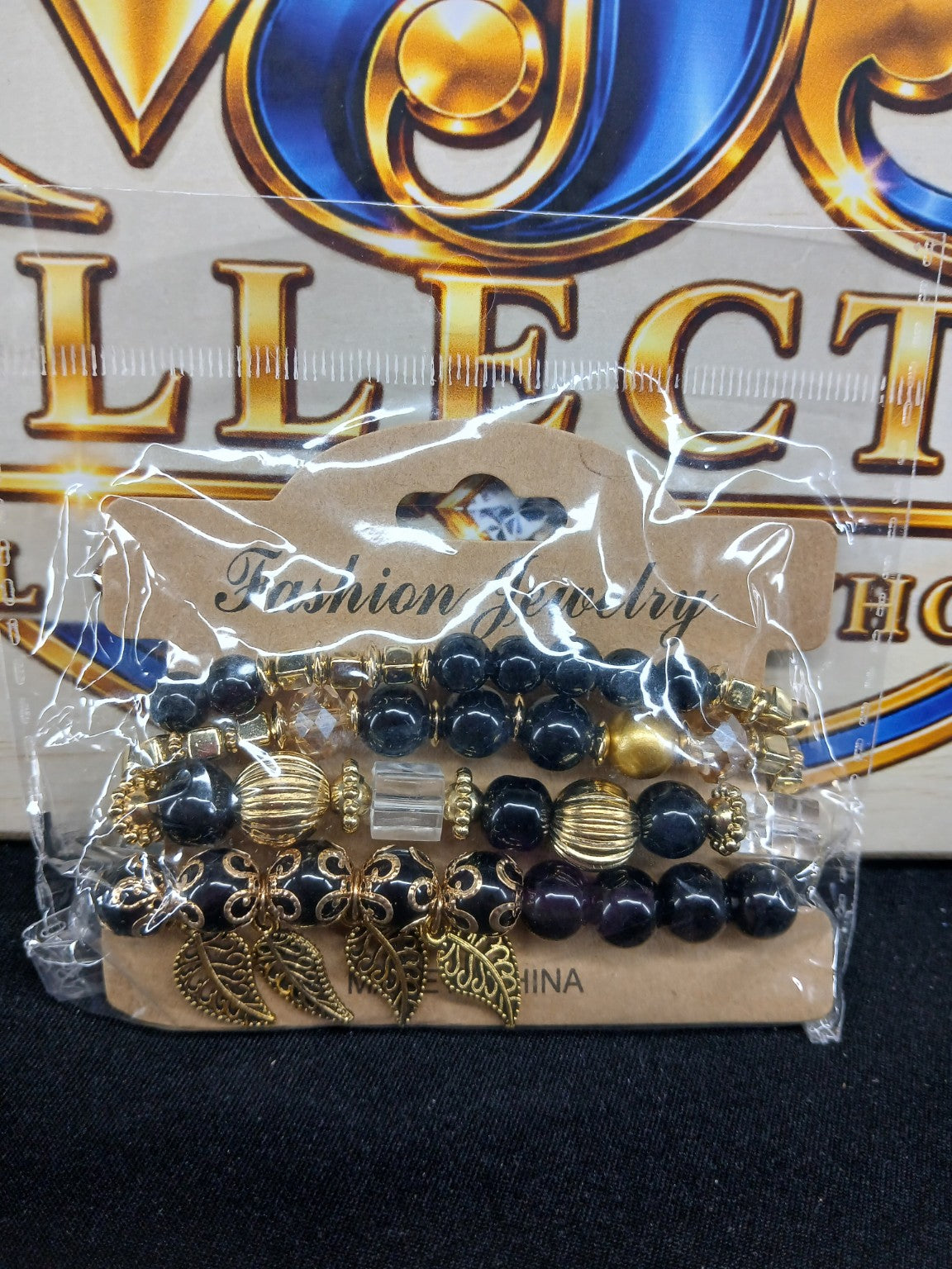 Black & Gold Leaf Charm Multi-Strand Bracelet Set