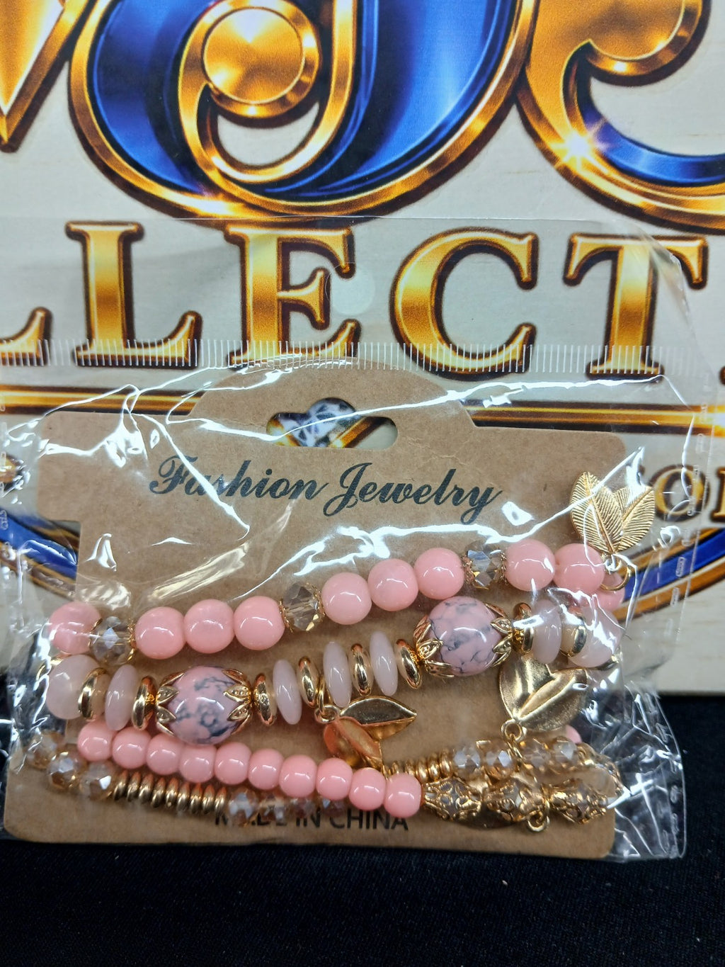 Pink & Gold Leaf Accent Multi-Strand Bracelet Set