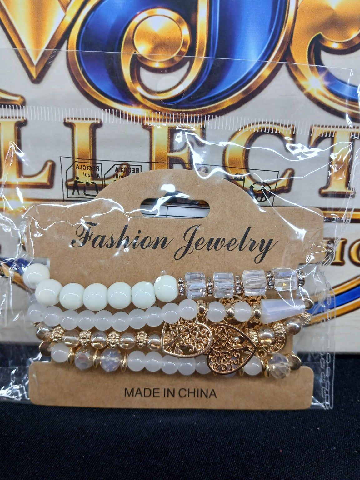 Ivory White & Gold Heart Charm Multi-Strand Bracelet Set