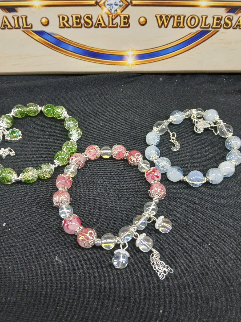 Green, Pink & Ice Blue Beaded Bracelet Trio – 3-Piece Set