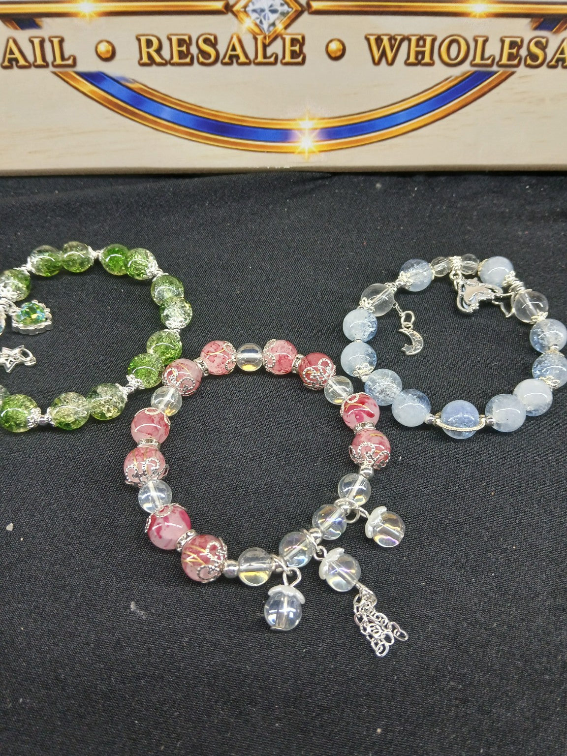 Green, Pink & Ice Blue Beaded Bracelet Trio – 3-Piece Set
