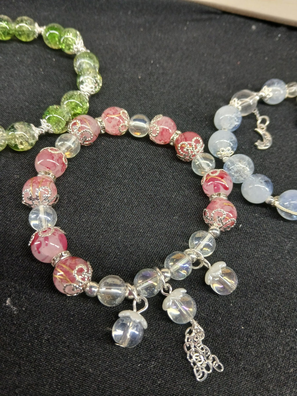 Green, Pink & Ice Blue Beaded Bracelet Trio – 3-Piece Set