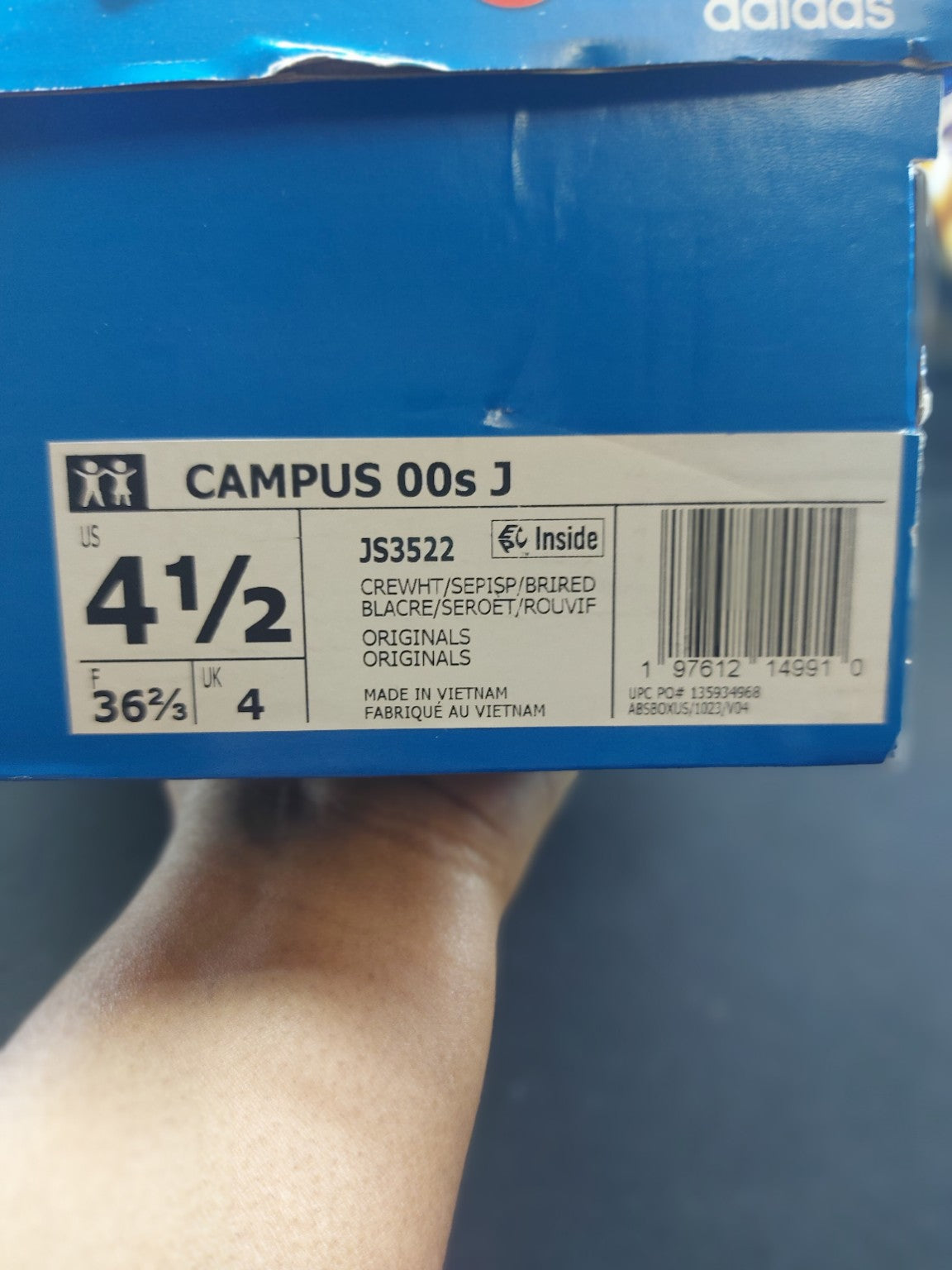 adidas Campus 00s J JS3522 size 4.5 box label
