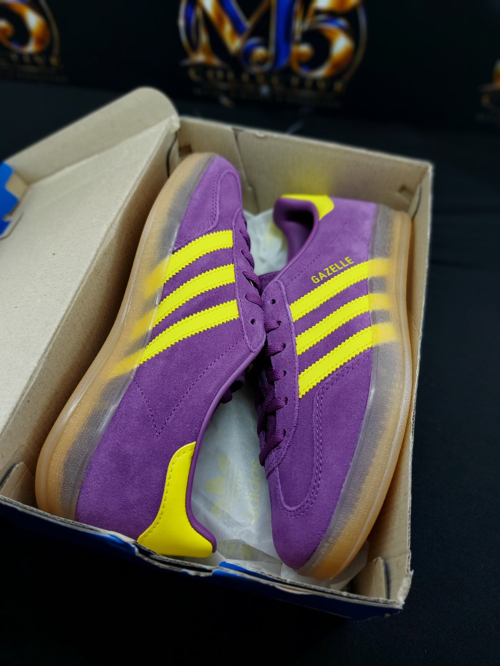adidas Gazelle Indoor women's purple and yellow sneakers in box