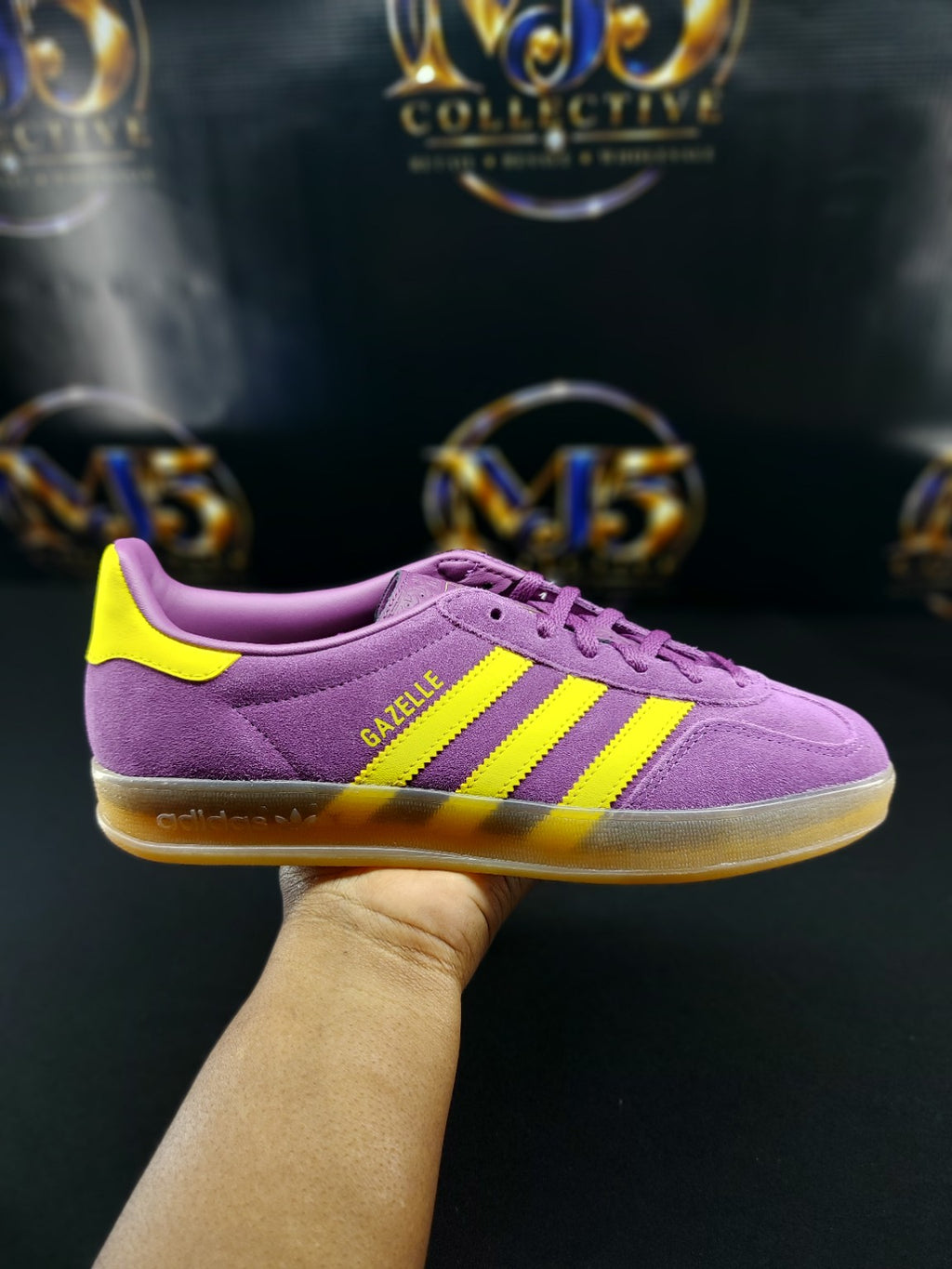 adidas Gazelle Indoor women's purple and yellow sneaker side view
