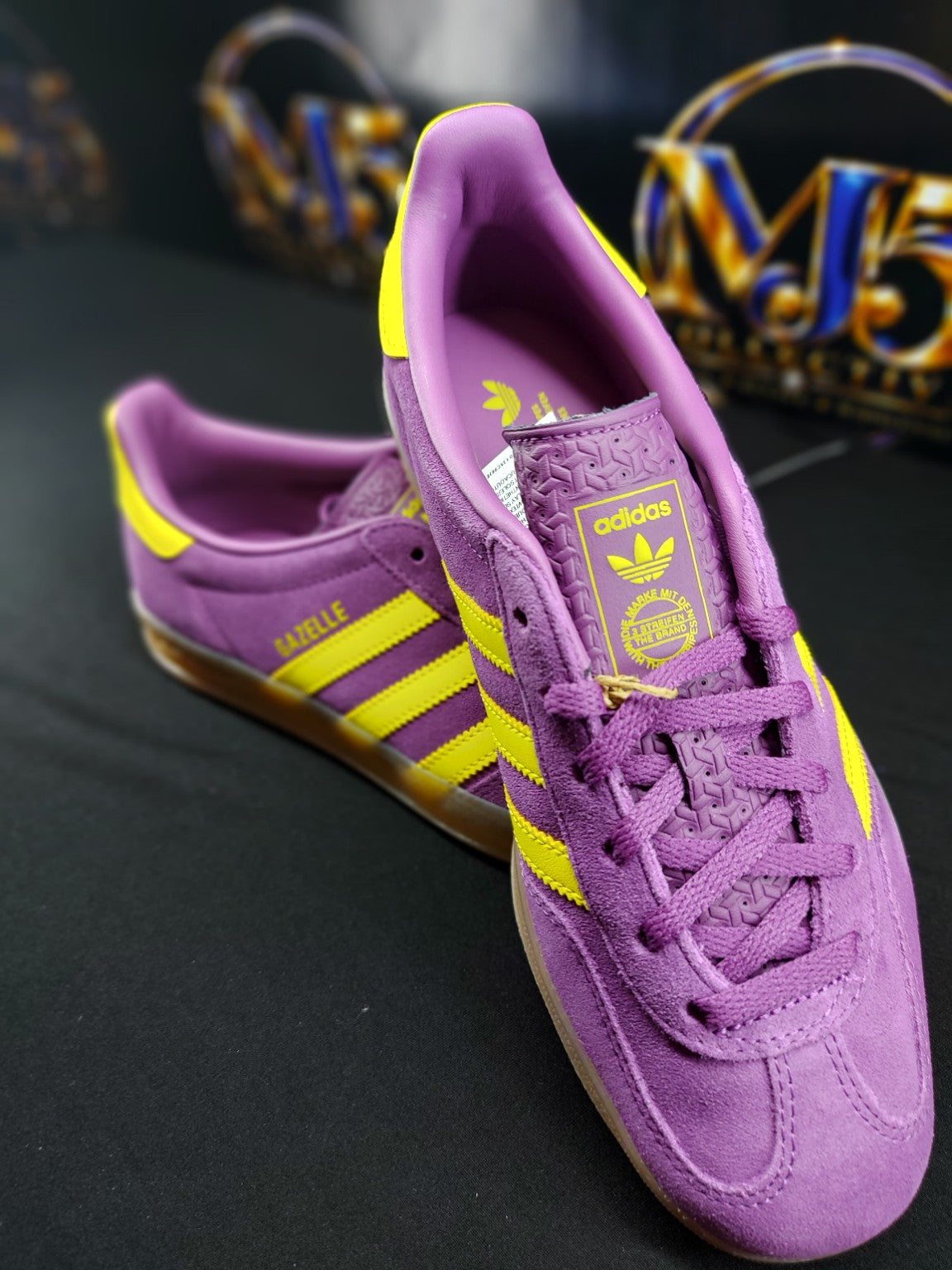 adidas Gazelle Indoor women's purple and yellow sneakers top view