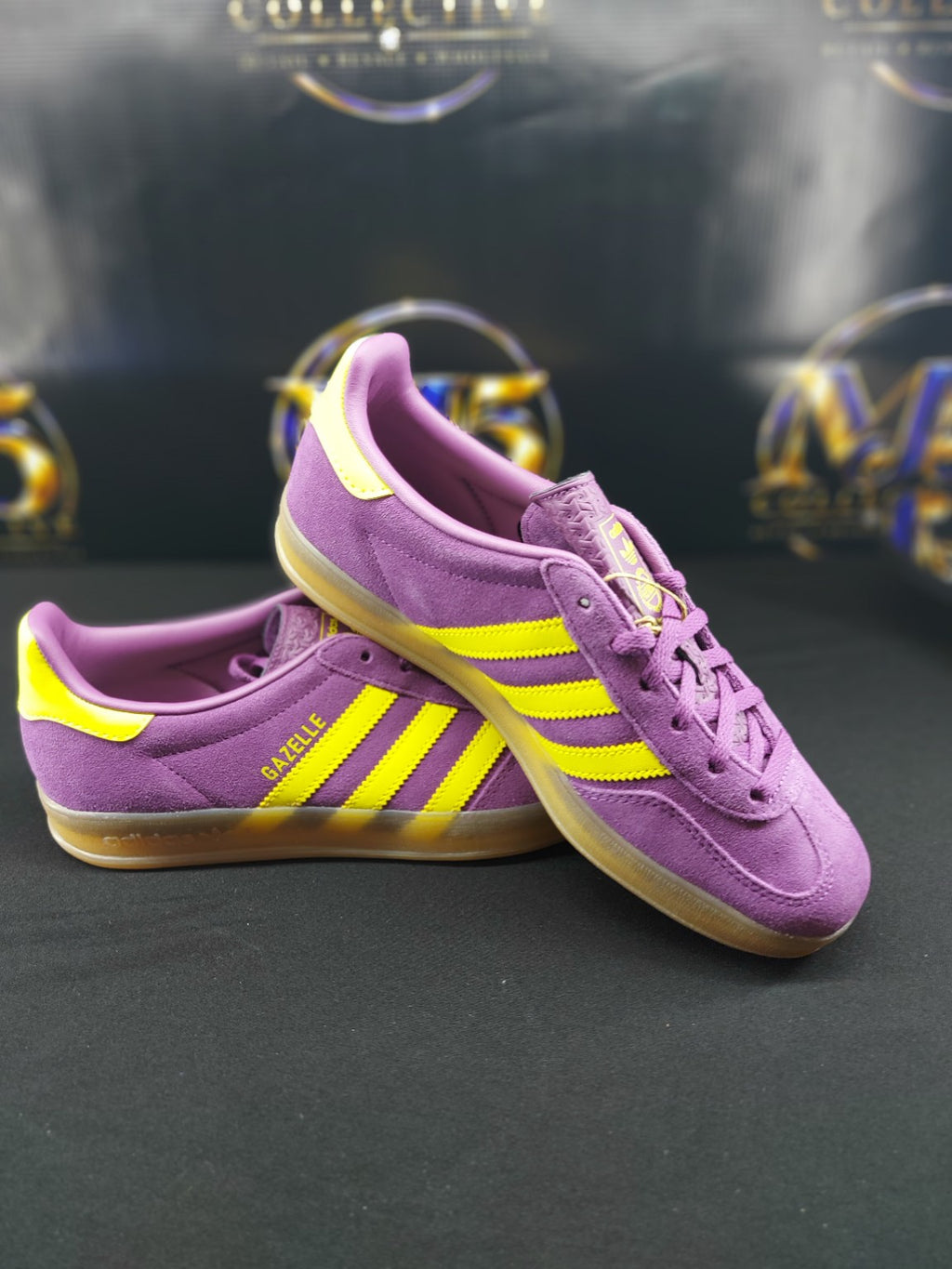 adidas Gazelle Indoor women's purple and yellow sneakers pair
