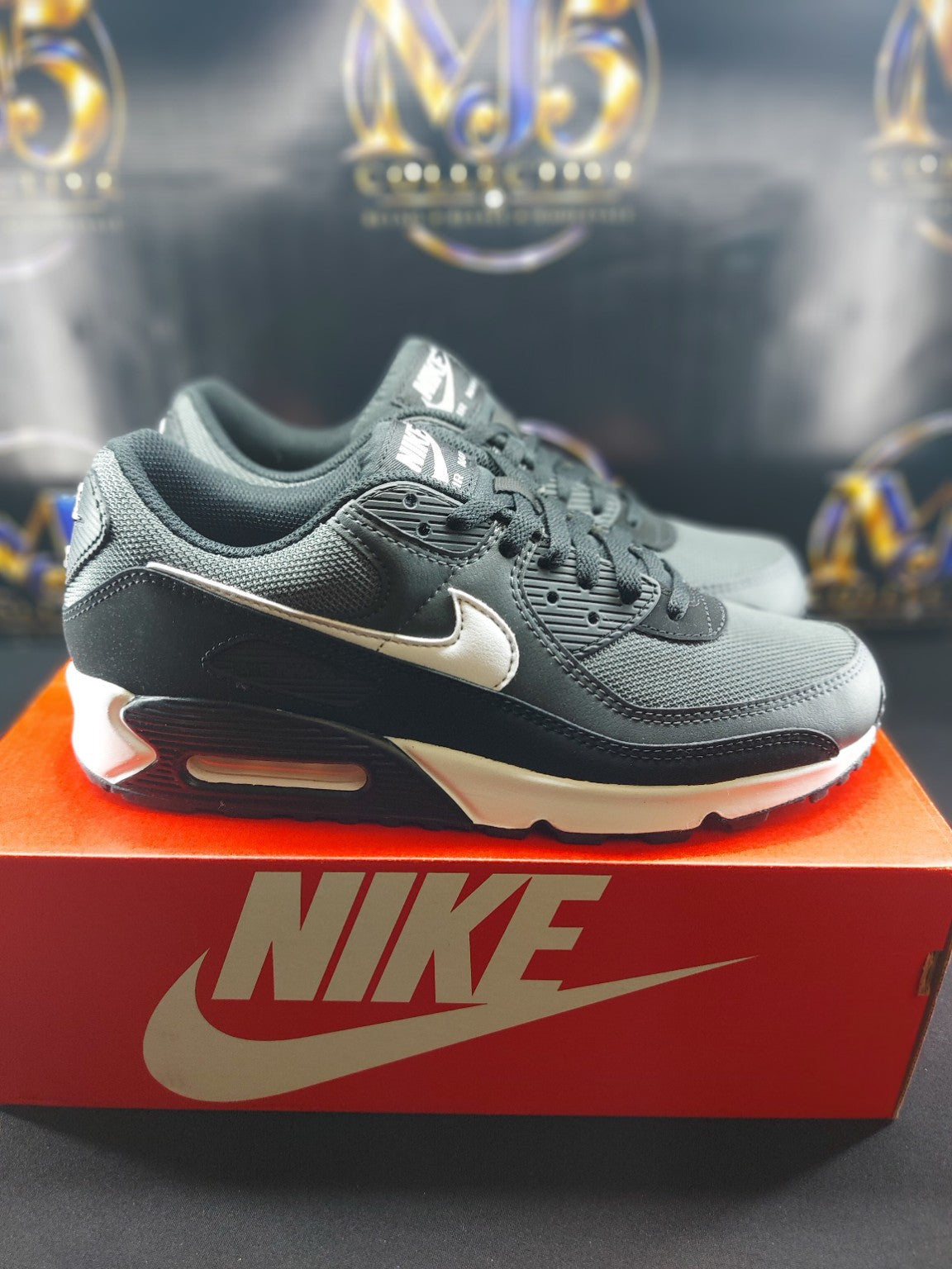 Nike Air Max 90 Iron Grey Dark Smoke Grey Black White on box