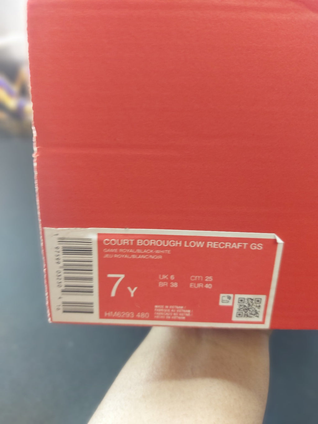 Nike Court Borough Low Recraft GS size 7Y box label