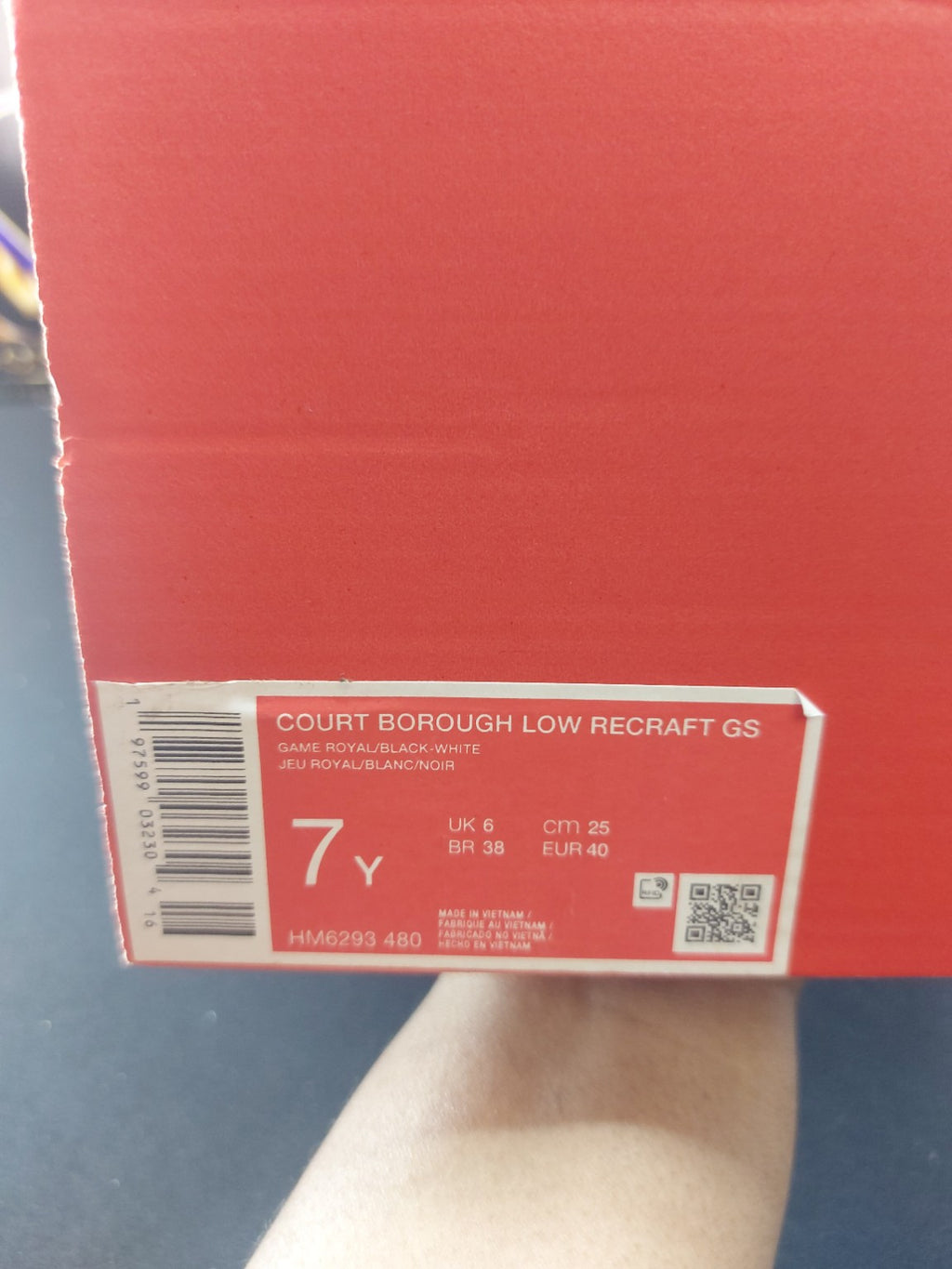 Nike Court Borough Low Recraft GS HM6293-480 size 7Y box label