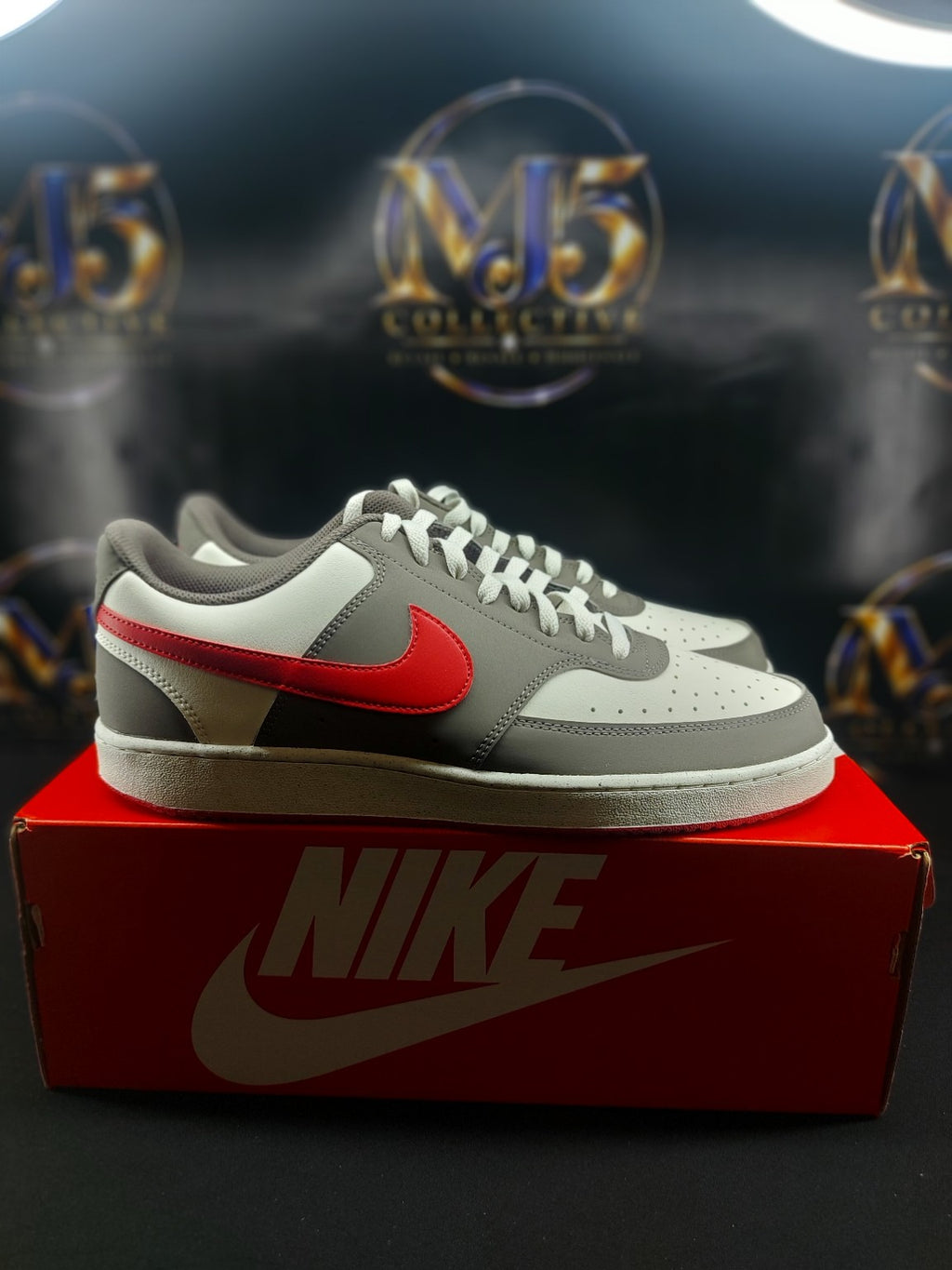 Nike Court Vision Low grey white red shoes on Nike box