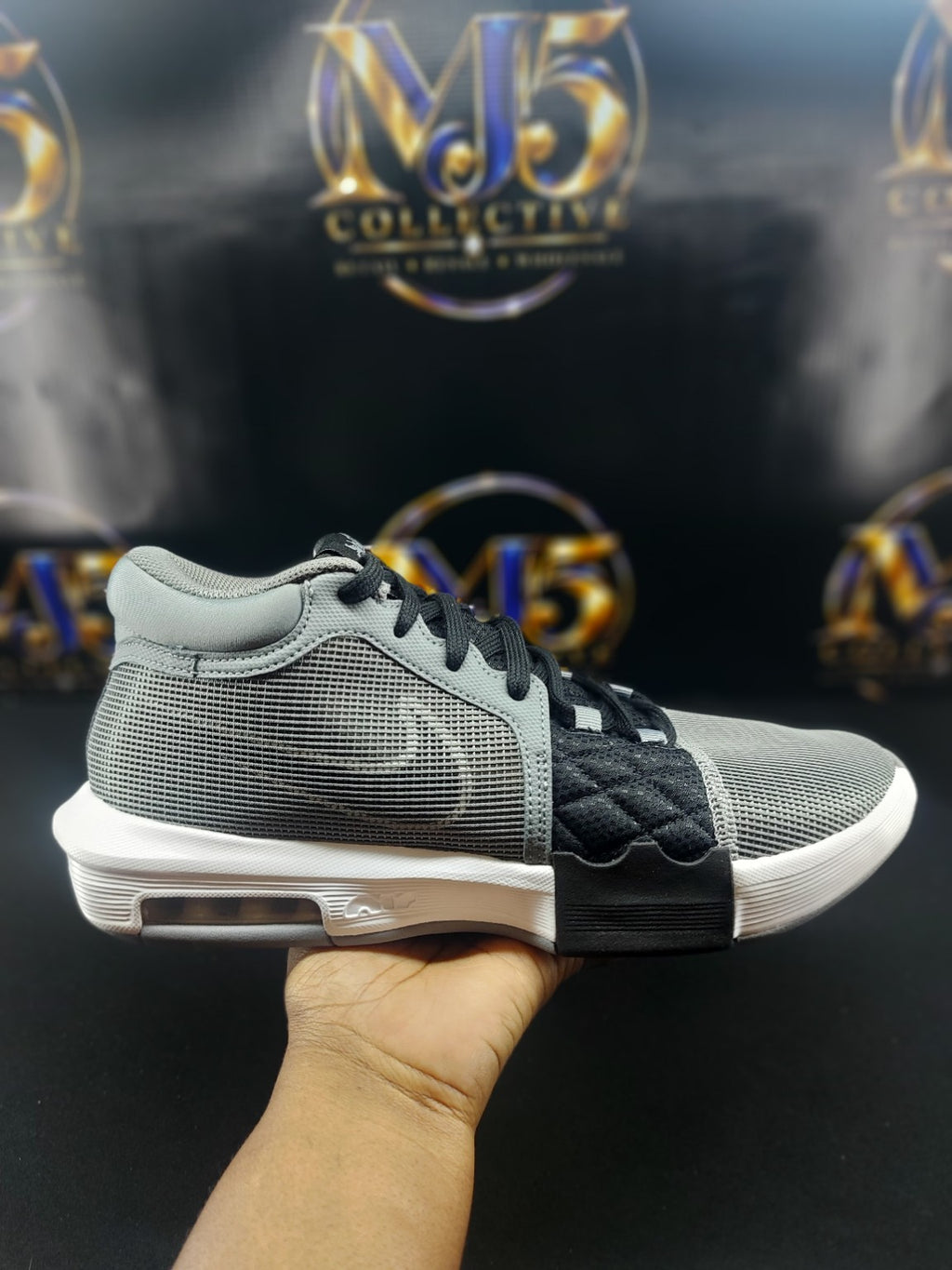 Nike LeBron Witness VIII Cool Grey White Black single shoe side view